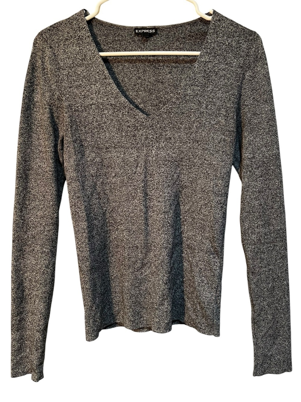 Express Women's Size Medium V-Neck Sweater Dark Charcoal Gray Ribbed Stretch